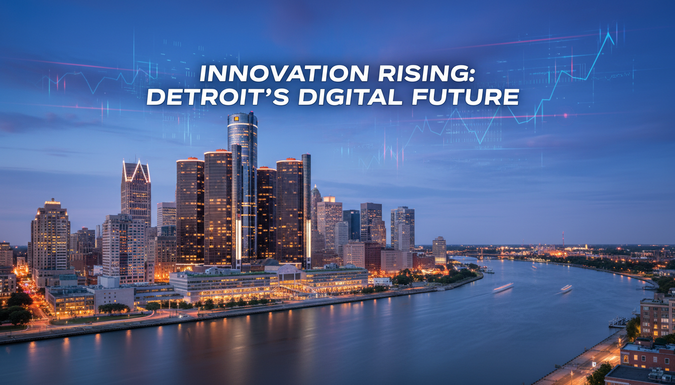 Detroit skyline at dawn with financial elements